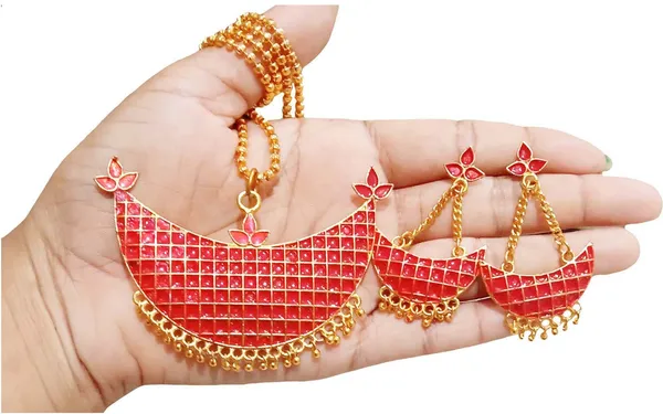 (Pack_Of_2)_Assamese_Traditional_Gold_Plated_Red_Colour_Joonbiri_Chain_Jewellery_Set_For_Women